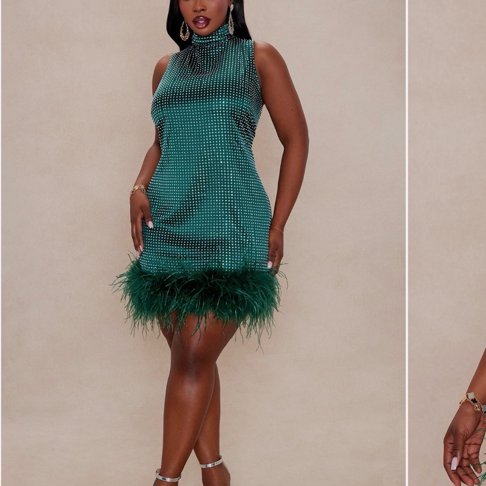 Fashion Nova Luxe Rhinestoned Green Feathered Dress